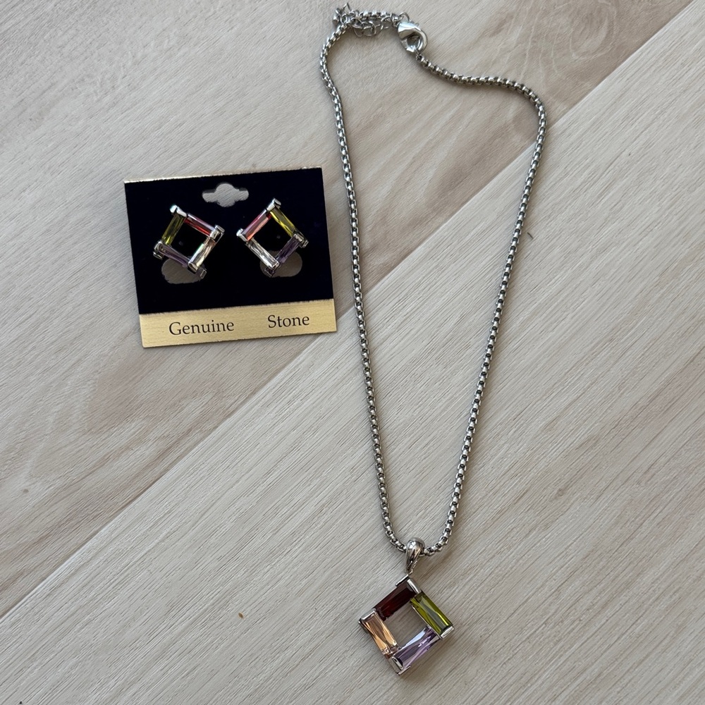 Multi-Color Crystal Square Pendant Necklace and Earring Set